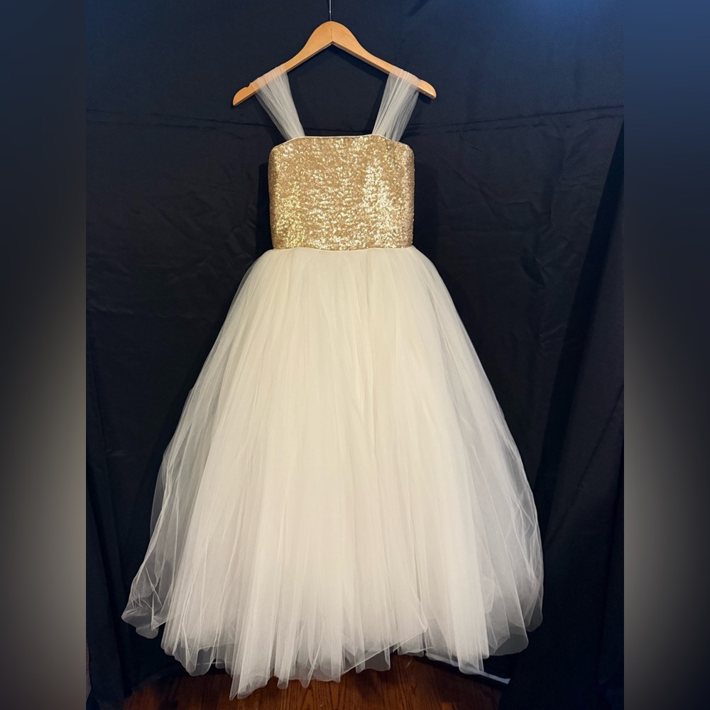 Flower Girl Dress Gold Sequin with White Tulle Size 10 NEW